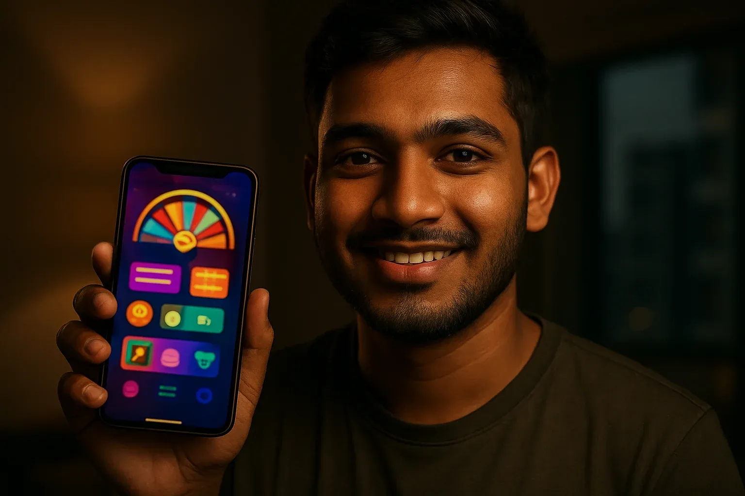 Young Bangladeshi man holding smartphone showing glowing casino app interface