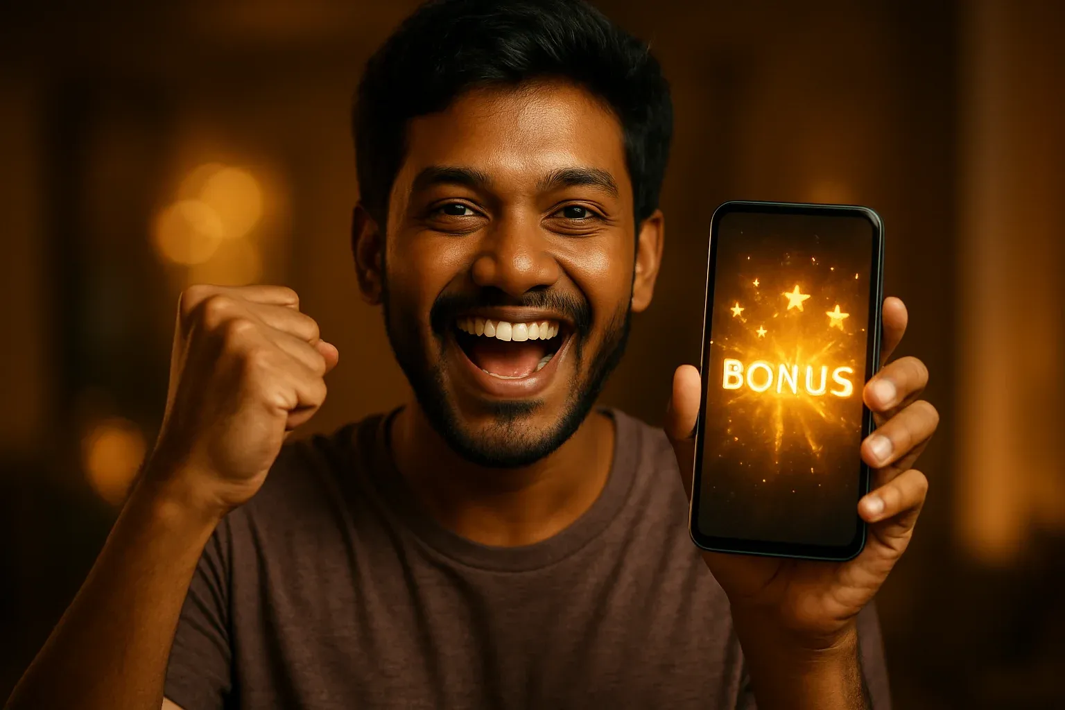 Joyful Bangladeshi man celebrating, holding smartphone with glowing golden bonus notification