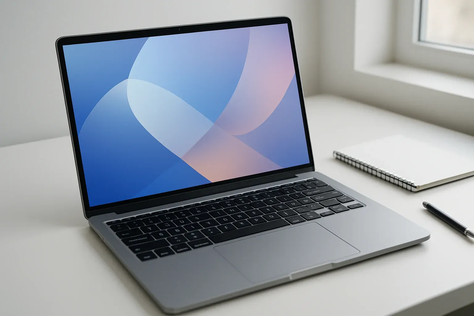 Modern laptop on white desk with abstract glowing screen in daylight