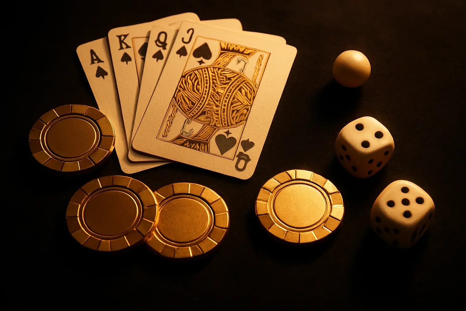 Top-down dark velvet casino scene with gold chips, cards, dice, roulette ball