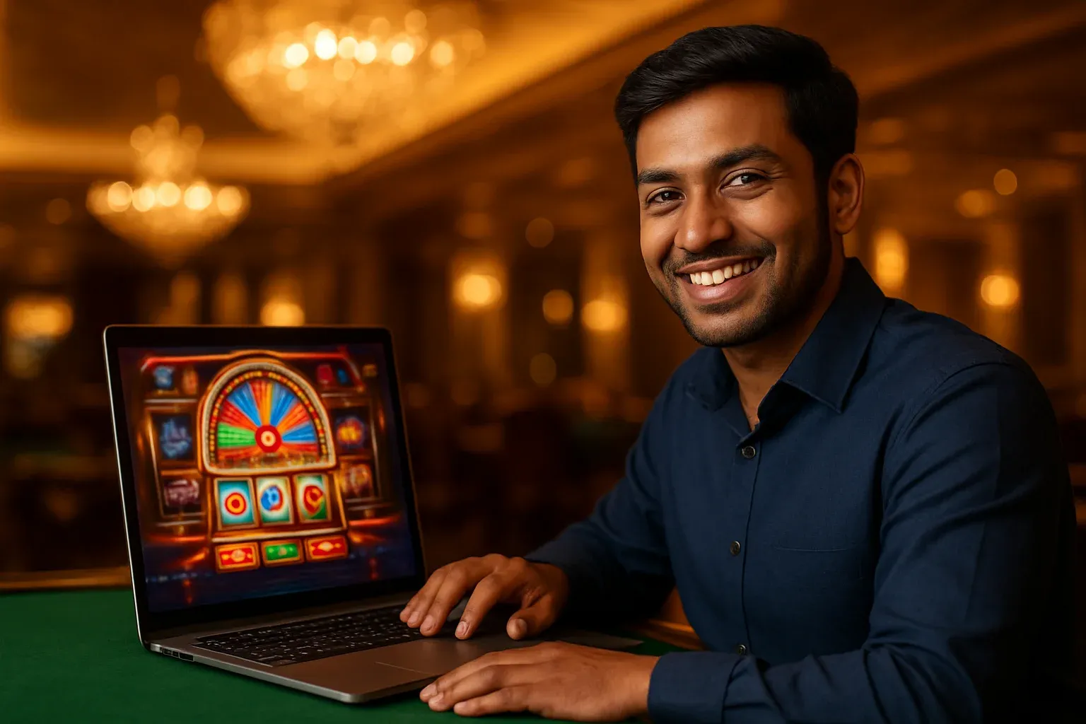 Cheerful Bangladeshi man in casino lounge smiling at open laptop