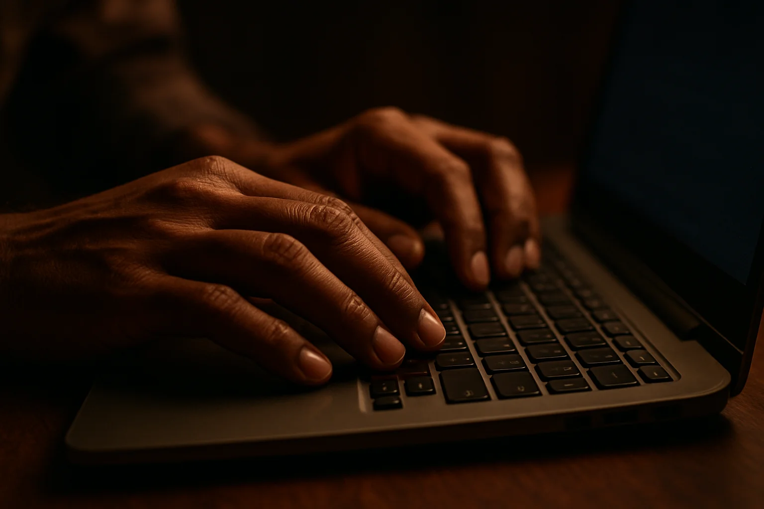 Bangladeshi man hands typing on laptop keyboard in dramatic light