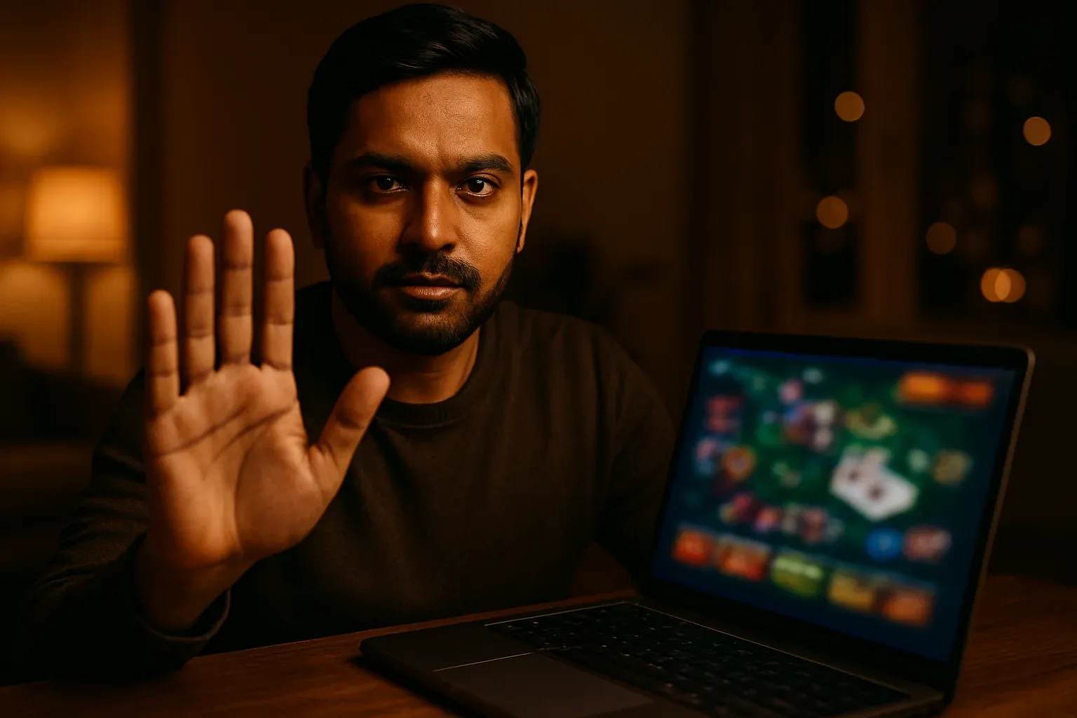 Bangladeshi man raises stop hand by laptop with blurred casino interface