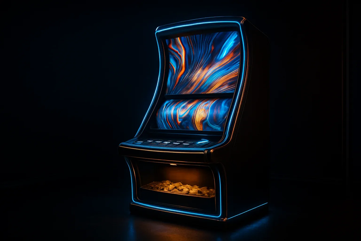 Hyperrealistic wide shot of premium slot machine in dark luxury setting